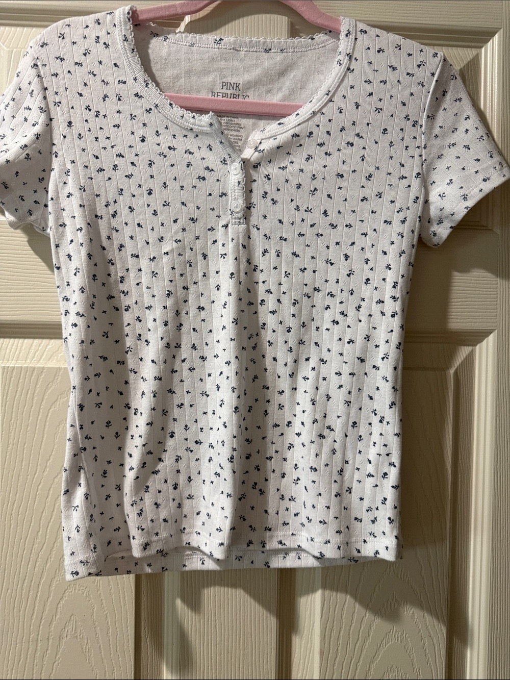 Pink Republic White Ribbed Henley with Navy Micro Floral
